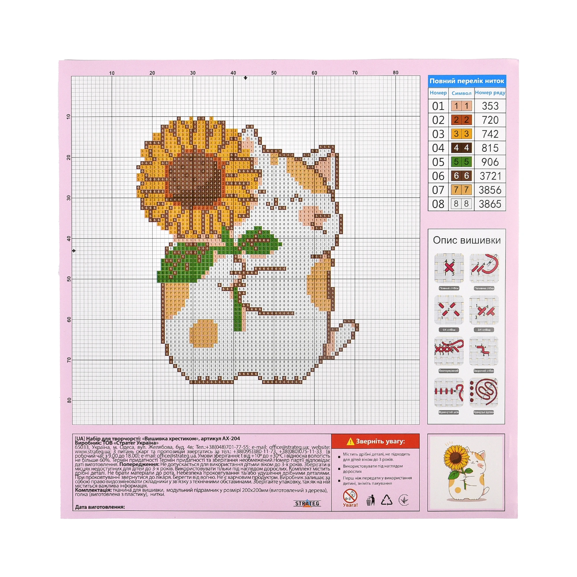 Broderie 20x20 cm "Pisica cu floarea-soarelui"