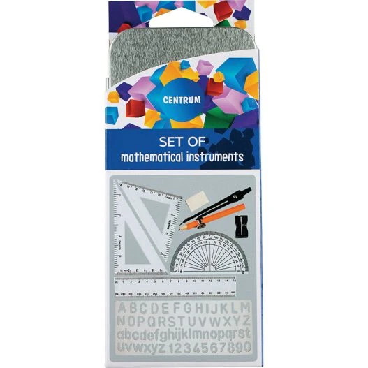 Set geometric (compas,rigla 15cm, 2 echere, raportor,radiera) cutie metal / Centrum