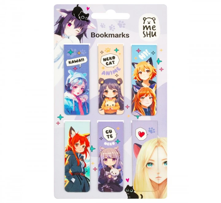 Semne de carte magnetice, 6 buc., "Neko", laminare lucioasa, MESHU