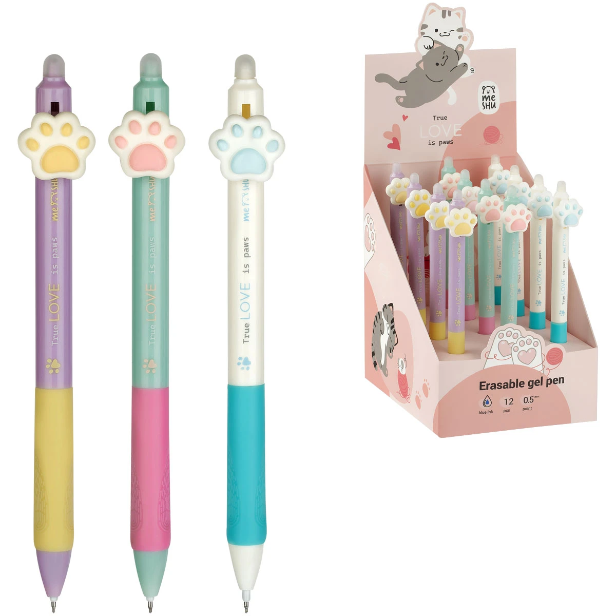 Pix gel cu radiera retractabil "Sweet paws" albastru 0,5mm(12)/ MESHU